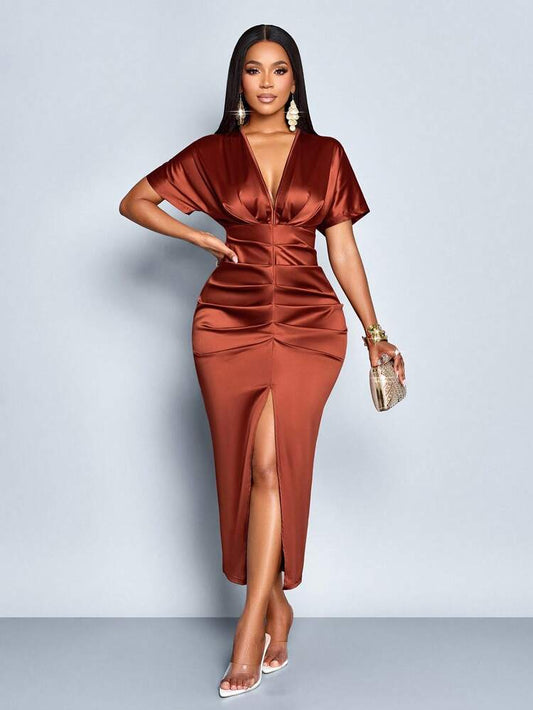 Satin ruched front slit midi dress in rust