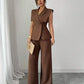 Sleeveless blouse & ealstic waist long pants set in brown
