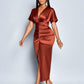 Satin ruched front slit midi dress in rust