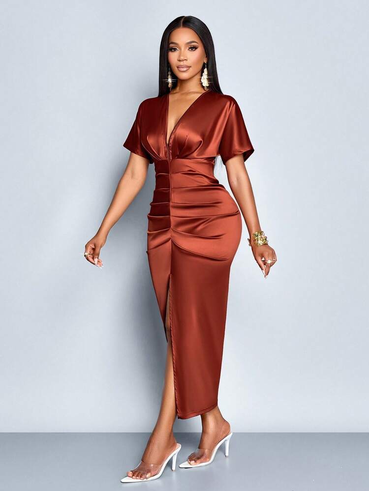 Satin ruched front slit midi dress in rust