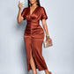 Satin ruched front slit midi dress in rust