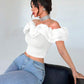 Off shoulder ruffle trim crop top in white