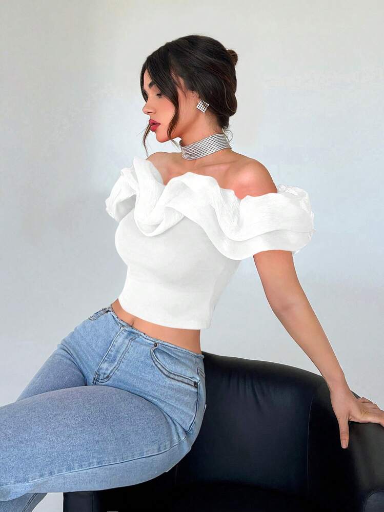 Off shoulder ruffle trim crop top in white