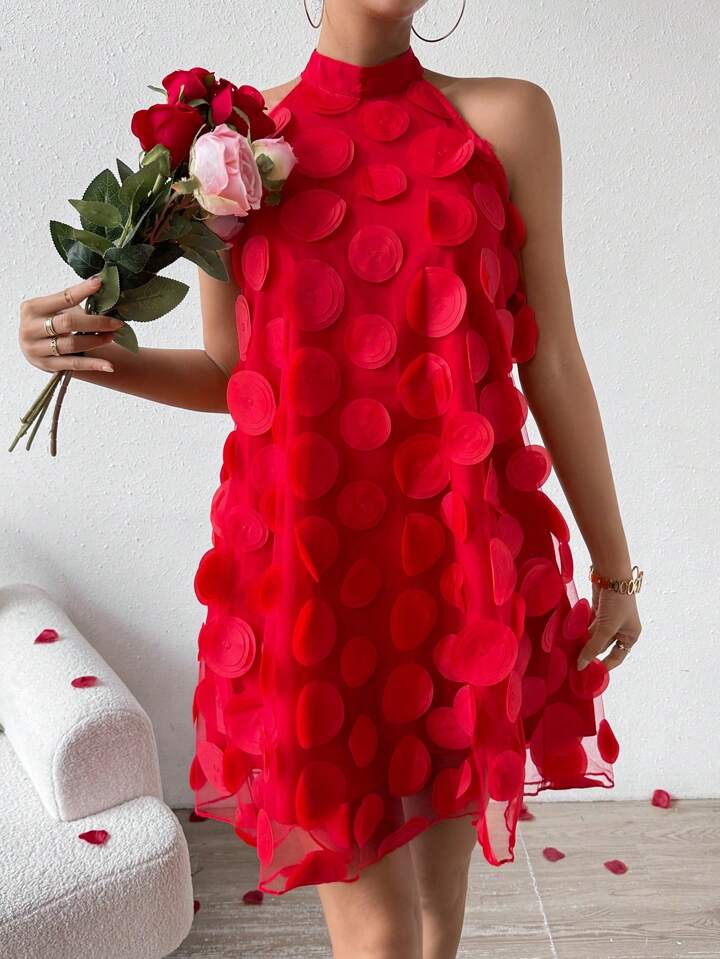 Flower halter neck dress in red
