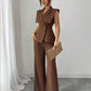 Sleeveless blouse & ealstic waist long pants set in brown