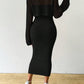 Solid color hollow-out long sleeve sweater & sleeveless knit dress set in black