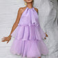 Sold color multi-layer halter neck dress in lilac