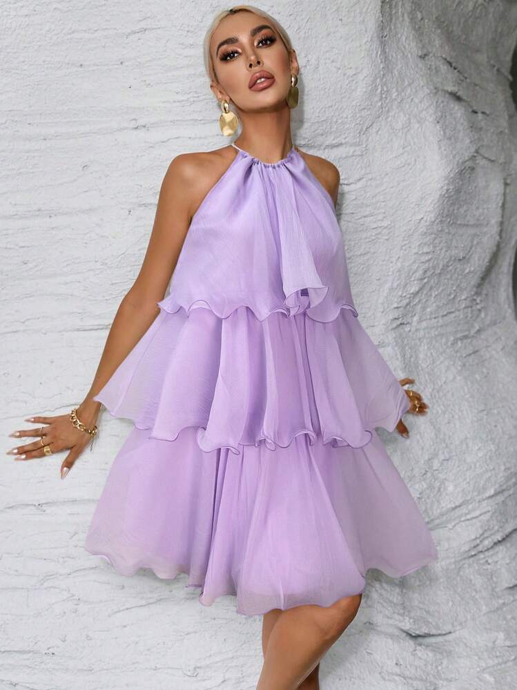Sold color multi-layer halter neck dress in lilac
