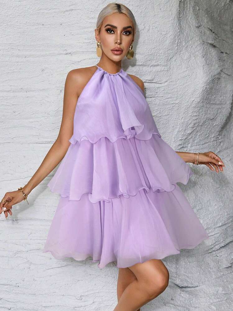 Sold color multi-layer halter neck dress in lilac