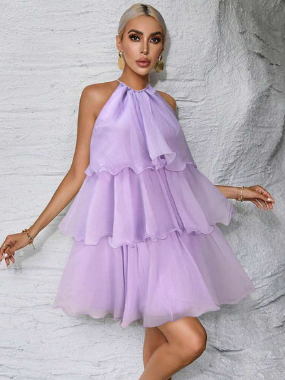 Sold color multi-layer halter neck dress in lilac