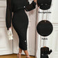 Solid color hollow-out long sleeve sweater & sleeveless knit dress set in black