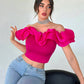 Off shoulder ruffle trim crop top in pink