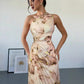One shoulder tie dye print waist hollow ruffle hem dress in khaki