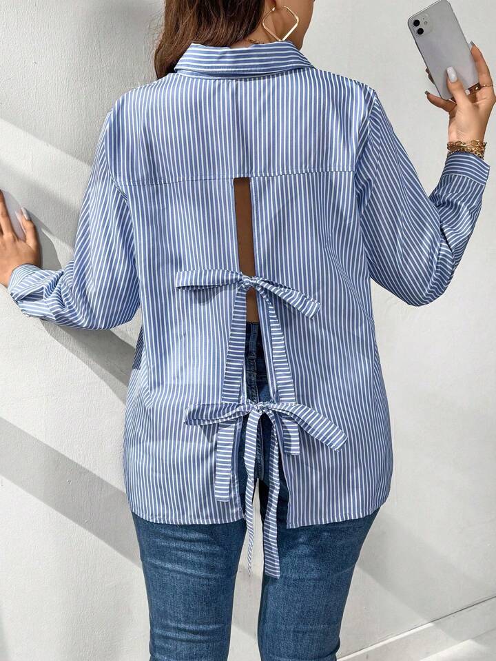 Striped backless tie-front blouse in blue