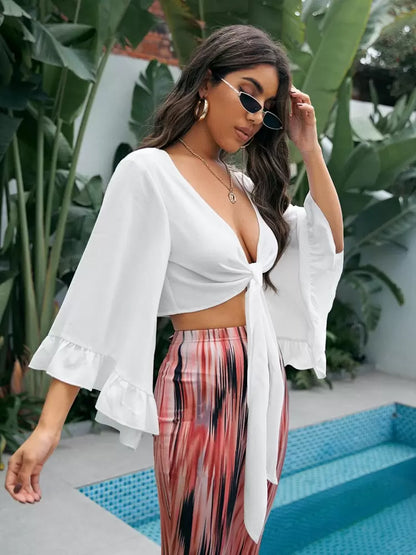 Butterfly sleeve tie front top in white