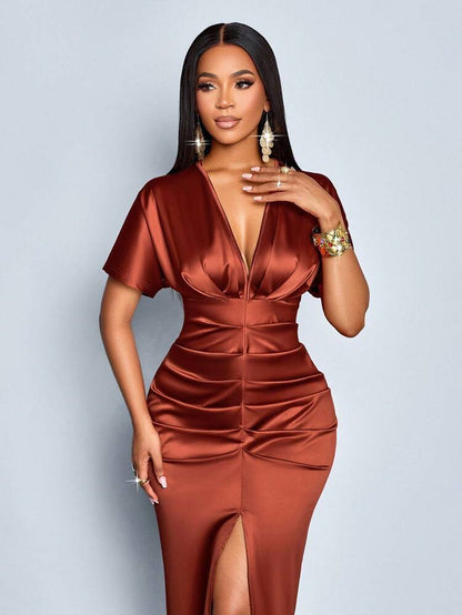 Satin ruched front slit midi dress in rust