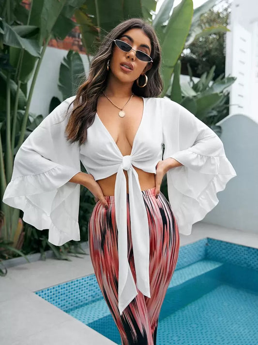Butterfly sleeve tie front top in white
