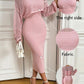 Solid color hollow-out long sleeve sweater & sleeveless knit dress set in pink