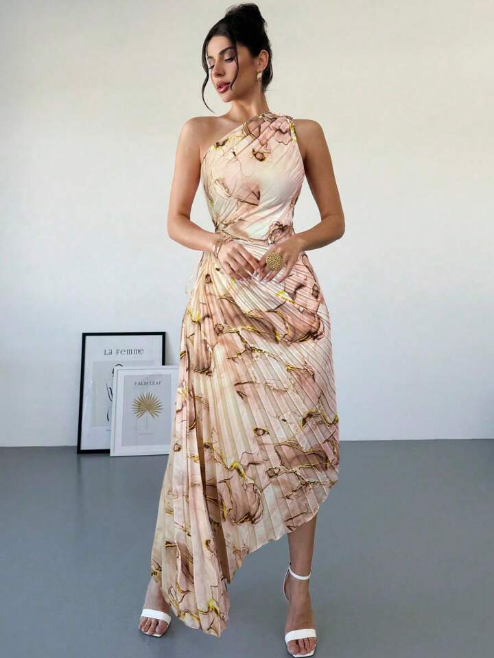 One shoulder tie dye print waist hollow ruffle hem dress in khaki