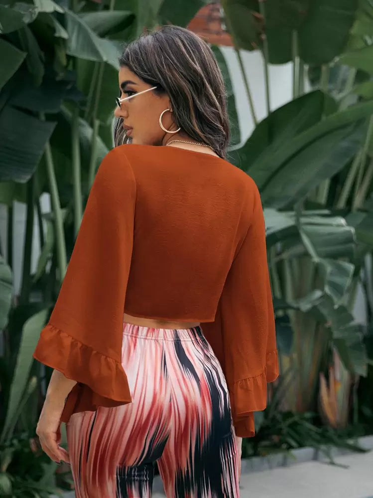 Butterfly sleeve tie front top in rust