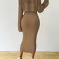 Solid color hollow-out long sleeve sweater & sleeveless knit dress set in khaki