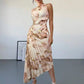 One shoulder tie dye print waist hollow ruffle hem dress in khaki