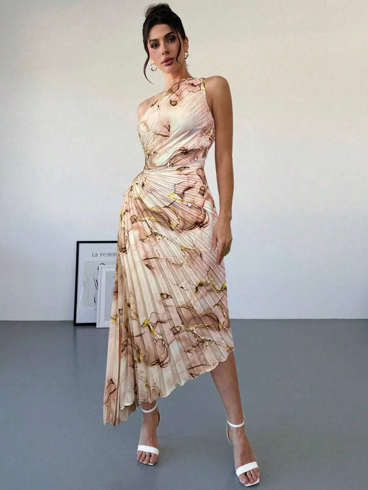 One shoulder tie dye print waist hollow ruffle hem dress in khaki