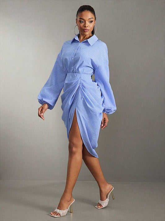 Striped long sleeve shirt midi dress in blue