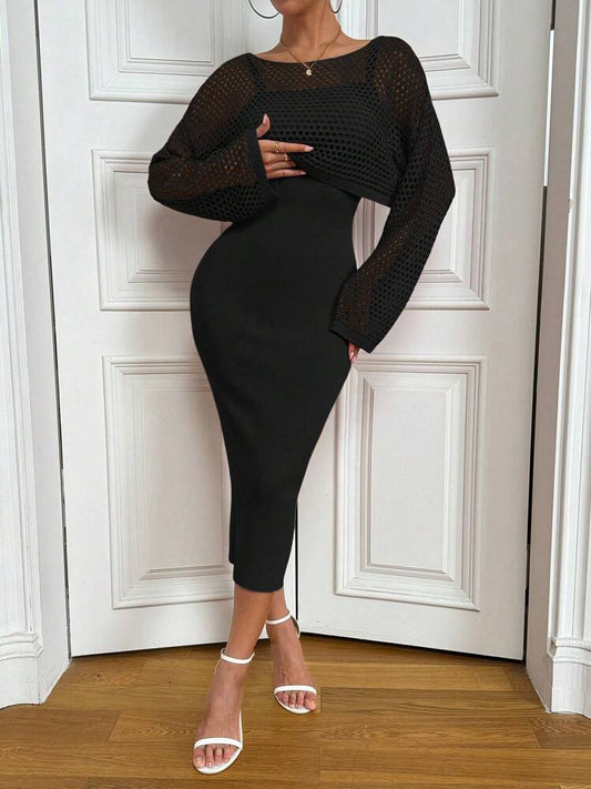 Solid color hollow-out long sleeve sweater & sleeveless knit dress set in black