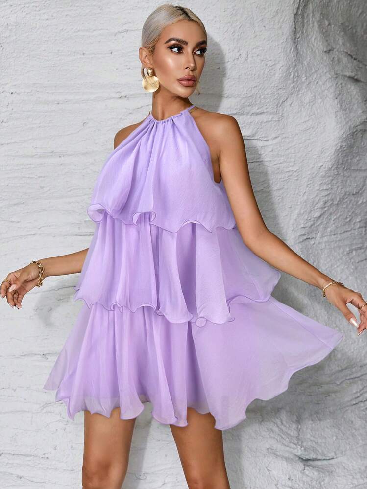 Sold color multi-layer halter neck dress in lilac