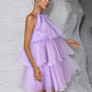 Sold color multi-layer halter neck dress in lilac