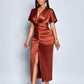 Satin ruched front slit midi dress in rust