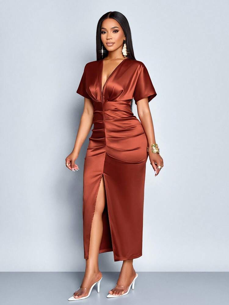 Satin ruched front slit midi dress in rust