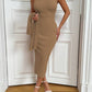Solid color hollow-out long sleeve sweater & sleeveless knit dress set in khaki