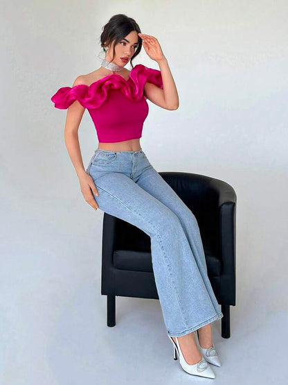 Off shoulder ruffle trim crop top in pink