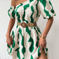 Printed asymmetrcial neck puff sleeve smock dress in green
